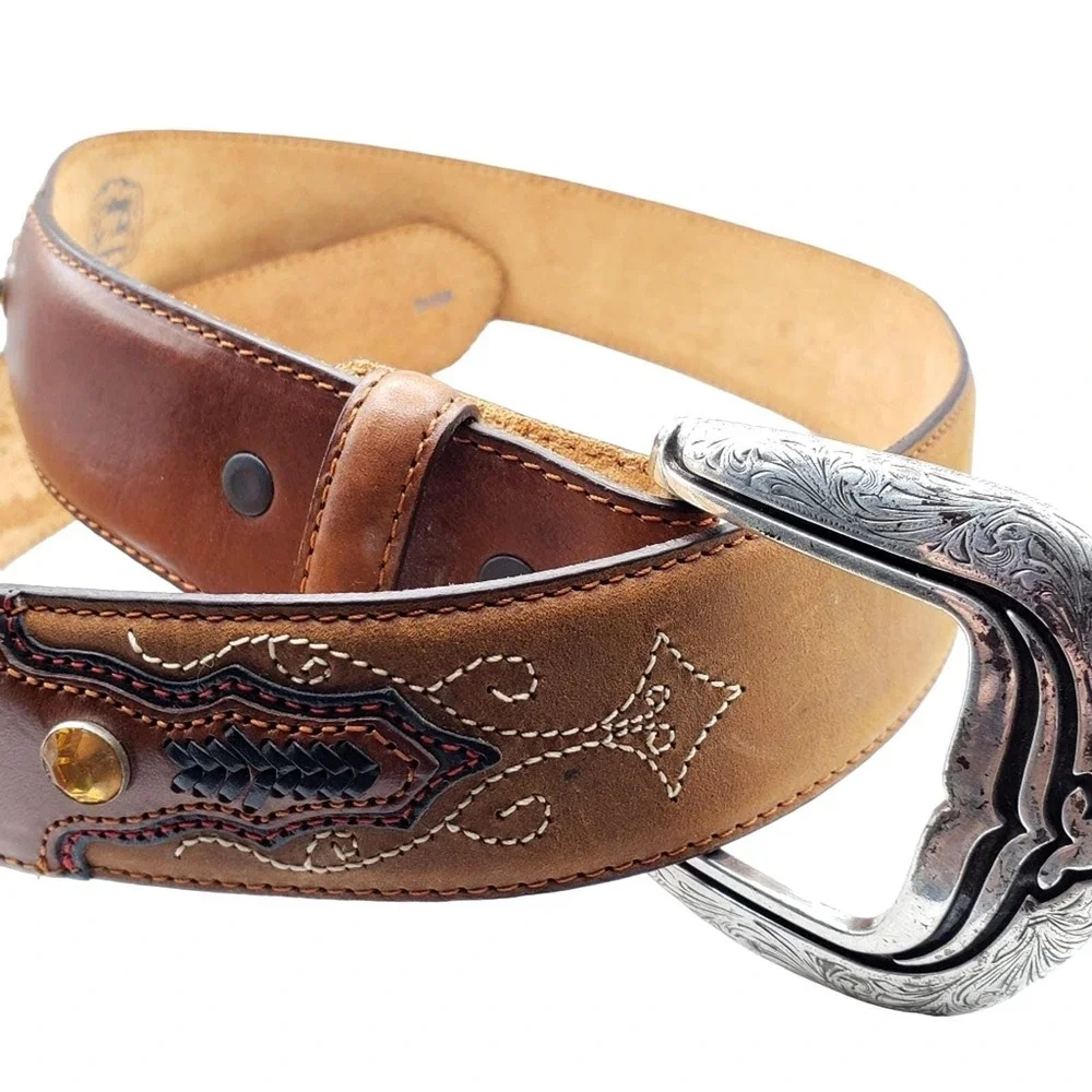 Tony Lama Brown Leather Belt 36 Topaz Crystal Stud Western Overlay Stitched Boho